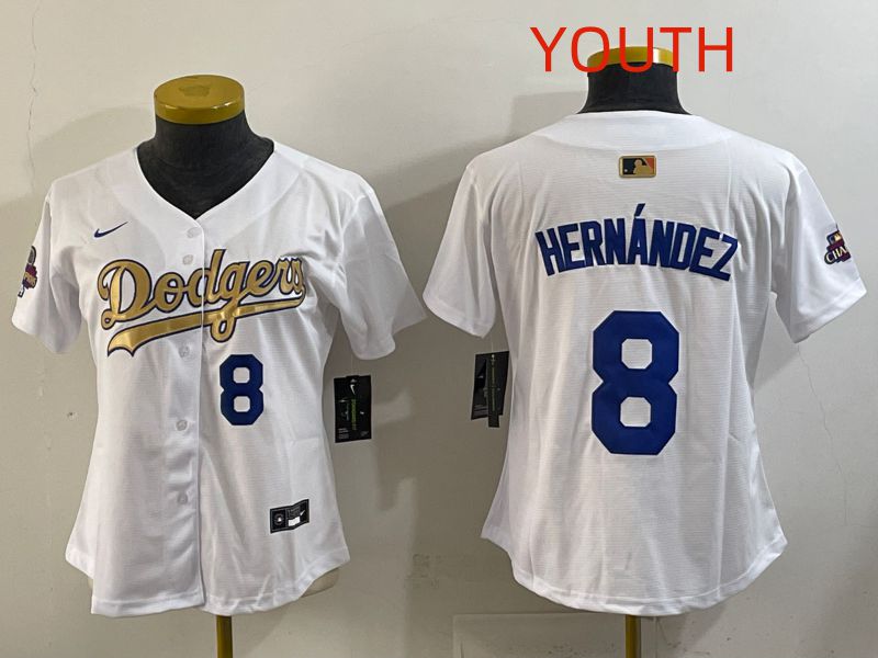 Youth Los Angeles Dodgers #8 Hernandez White Champion edition Nike MLB Jersey style 004